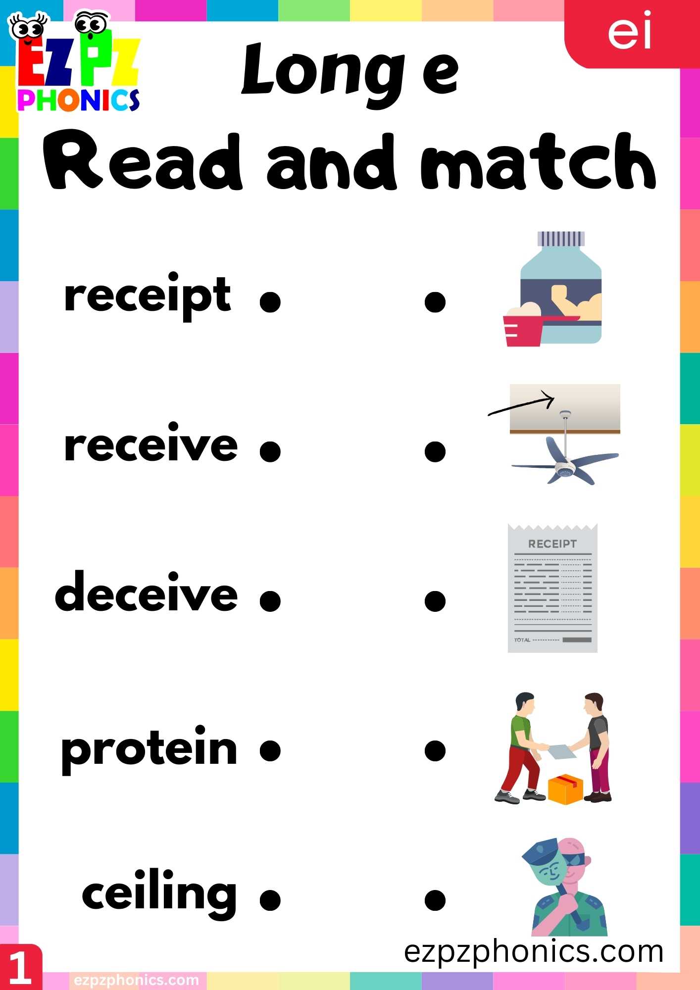 Ei words read and match long e phonics worksheet ezpzphonics